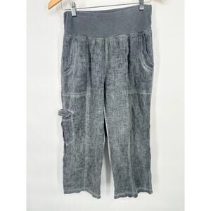 INIZIO Pants Womens Large Chambray Cropped Wide Leg Pull On Blue Italy Cargo